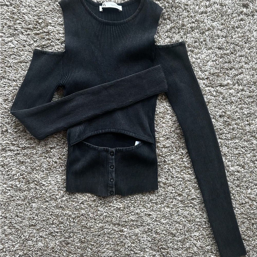 Black Cold Shoulder Ribbed Top